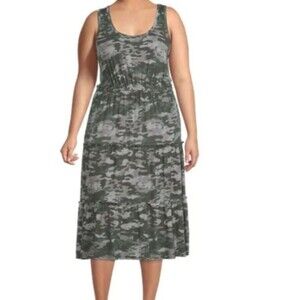 Terra & Sky Camouflage Print Sleeveless Tiered Midi Dress Plus Size 3X